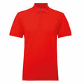 The AQ015 by Asquith & Fox is a vibrant red polo shirt with a classic collar and short sleeves. It includes a buttoned placket on the front, crafted from smooth fabric that is expertly tailored for a timeless and polished appearance.