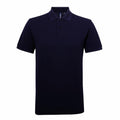 The Asquith & Fox AQ015 is a navy blue polo shirt, showcased against a white background. It features short sleeves and a collared design with a three-button placket at the neckline, offering a straightforward and timeless appearance.