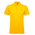 The Asquith & Fox AQ015 is shown against a white background, featuring a bright yellow color with short sleeves, a collar, and a two-button placket. The design is simple and plain, lacking any logos or patterns.