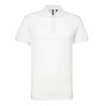 An Asquith & Fox AQ015 polo shirt in plain white features short sleeves, a collar, and a two-buttoned placket. It boasts a simple, classic design and is shown against a white background.