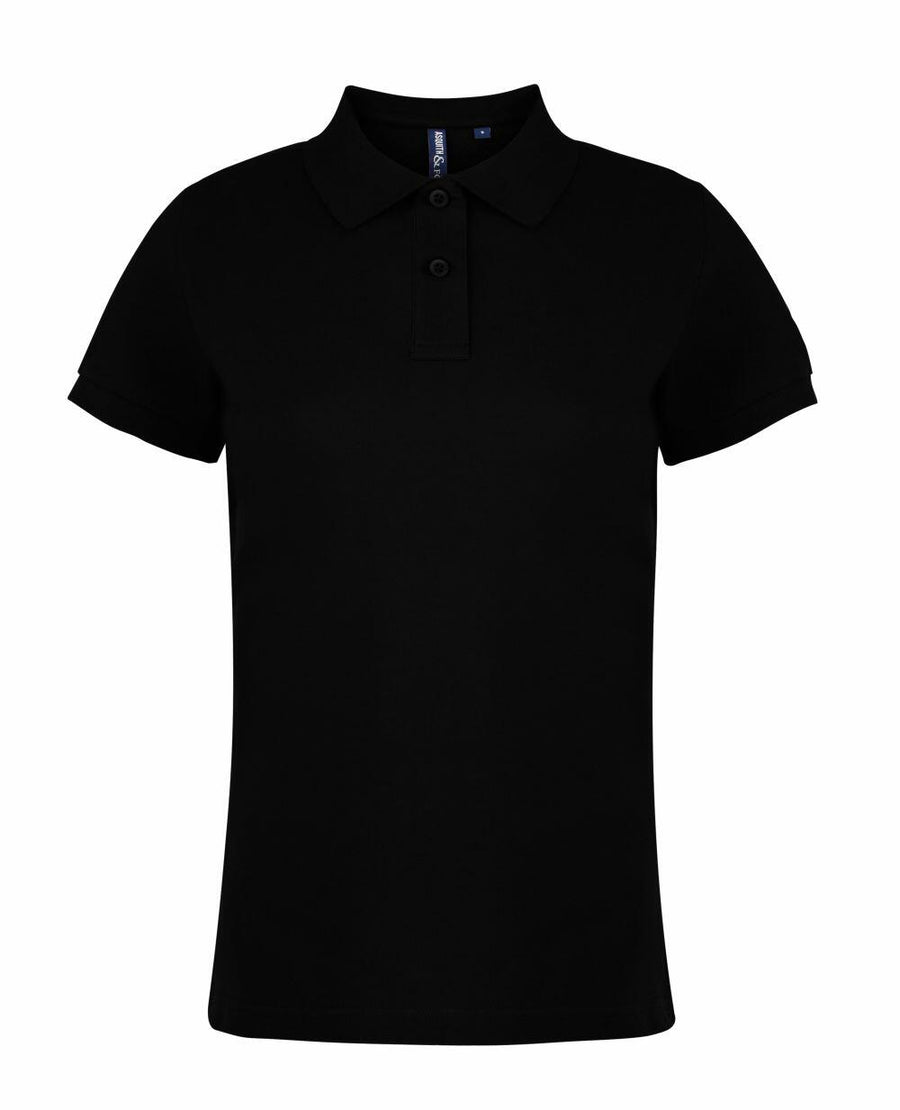 An AQ020 short-sleeve polo shirt by Asquith & Fox, featuring a plain black design with a collar and a three-button placket.
