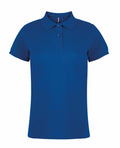 The Asquith & Fox AQ020 is a plain blue polo shirt featuring a collar and short sleeves, showcased against a white background. It includes a three-button placket.