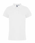 The Asquith & Fox AQ020 is a plain white polo shirt featuring a collar and two buttons, with short sleeves and a tag inside the collar.