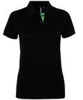 The AQ022 from Asquith & Fox is a black short-sleeve polo shirt featuring a green inner collar.