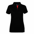 AQ022 by Asquith & Fox: A black short-sleeve polo shirt featuring a red inner lining on the collar, displayed against a white background.