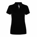 A black short-sleeve polo shirt from Asquith & Fox, identified as product AQ022, is displayed against a white background. It features a white buttoned placket, a classic collar design, and smooth, fitted fabric.