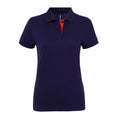 Product Name: AQ022 by Asquith & Fox - This shirt is a navy blue polo featuring short sleeves and a collar, accentuated by a contrasting red underlay on the placket, which is visible near the top button. The image showcases the shirt against a plain white background.