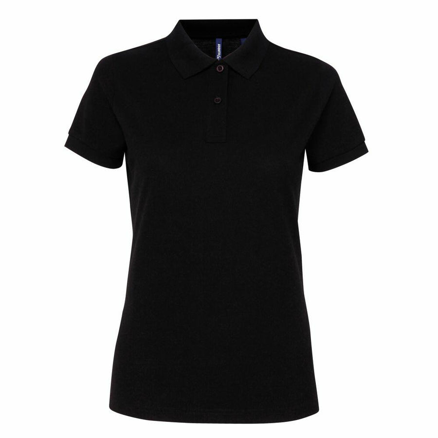 Asquith & Fox's AQ025 black short-sleeve polo shirt with a collared neckline and button placket is displayed against a plain white background.
