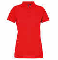 The AQ025 by Asquith & Fox is a plain red polo shirt featuring short sleeves, a collar, and a three-button placket, all set against a white background.