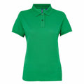 An Asquith & Fox AQ025 green short-sleeve polo shirt featuring a collar and button placket on the front, displayed against a plain white background.