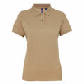 The AQ025, a beige short-sleeve polo shirt by Asquith & Fox, features a collar and three-button placket, shown on a white background.