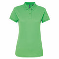 The Asquith & Fox AQ025 polo shirt is showcased against a white background, featuring a vibrant green color with short sleeves, a collar, and a button placket. It boasts a simple yet classic design with neat tailoring.