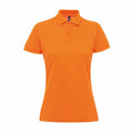 An AQ025 women's polo shirt by Asquith & Fox, featuring a short sleeve design and a collar, comes in an orange hue. The shirt includes a buttoned placket and is shown against a plain white background.