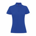 The AQ025 polo shirt by Asquith & Fox is a women's short-sleeve, plain blue design featuring a collar and three-button placket, set against a white background.