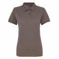 A plain brown short-sleeve polo shirt featuring a collar and three buttons, displayed against a white background, from Asquith & Fox's AQ025 collection.