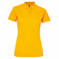 A bright yellow polo shirt named AQ025 from Asquith & Fox, featuring short sleeves and a collared, button-up design at the front. The shirt is showcased against a plain white background.