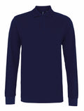 The AQ030 by Asquith & Fox is a navy blue polo shirt featuring long sleeves, a collar, and three buttons.