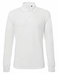 Asquith & Fox AQ030 white long-sleeve polo shirt featuring a collar and button placket, showcased against a simple background.
