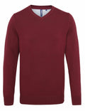 The AQ042 sweater by Asquith & Fox is a plain burgundy V-neck set against a white backdrop.