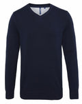 A navy blue V-neck sweater, identified as product AQ042 from Asquith & Fox, features long sleeves and a plain design that is both soft and seamless. It's ideal for casual or semi-formal occasions and is displayed against a white background.