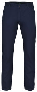 A pair of Asquith & Fox AQ050 dark blue men's trousers with a front button and zipper, displayed against a plain white background. These pants include belt loops and boast a simple, classic design.