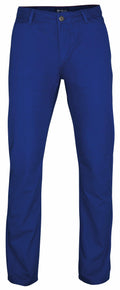 The AQ050 pants by Asquith & Fox feature a blue color with a button and zip closure, front pockets, and belt loops. Designed with a fitted style and straight legs, they are showcased against a plain white background.