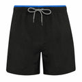 Asquith & Fox's AQ053 shorts are black with a white and black drawstring and feature a blue waistband detail at the top.