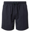 Introducing the AQ053 by Asquith & Fox: a pair of dark-colored, knee-length swim shorts featuring an elastic waistband and a front drawstring tie. Crafted from lightweight fabric, these shorts are ideal for swimming or casual wear.
