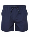 The Asquith & Fox AQ056 features navy blue men's swim shorts with an elastic waistband and a drawstring for adjustment.