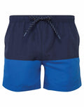 Asquith & Fox's AQ056 swim shorts feature a blue and navy color-blocked design, complete with an elastic waistband and a convenient drawstring for tightening.