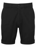 Introducing the Asquith & Fox AQ058 black shorts, featuring a button and zipper closure, belt loops, and cuffed hems.