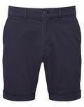 Asquith & Fox AQ058 chino shorts in navy blue, featuring a button and zipper front, side pockets, and rolled hems.