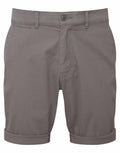 A pair of AQ058 shorts by Asquith & Fox, featuring a gray color with a button and zipper closure, belt loops, and two front pockets. These shorts also have a rolled-up hem at the bottom.
