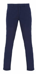 Asquith & Fox's AQ060 chinos are showcased against a white backdrop. These dark blue pants feature a slim-fit design with button and zipper closure, belt loops, and tapered legs. The image presents a front view of the trousers without any additional accessories.