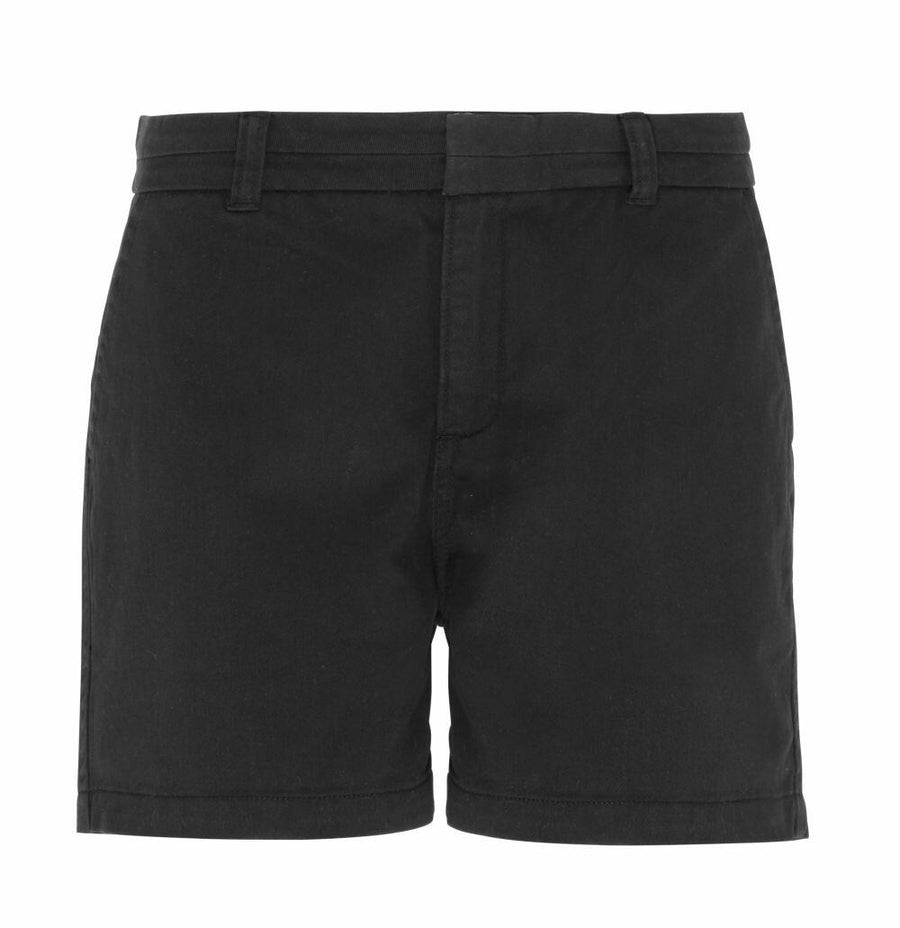 Asquith & Fox AQ061 shorts in black, featuring belt loops, a front zipper, and a folded hem.