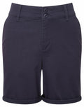 Asquith & Fox's AQ068 navy blue shorts feature belt loops, rolled cuffs, and a two-button closure.