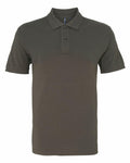 The product, AQ082 by Asquith & Fox, is displayed on a white background. It's a plain dark olive green polo shirt featuring short sleeves and a three-button placket.