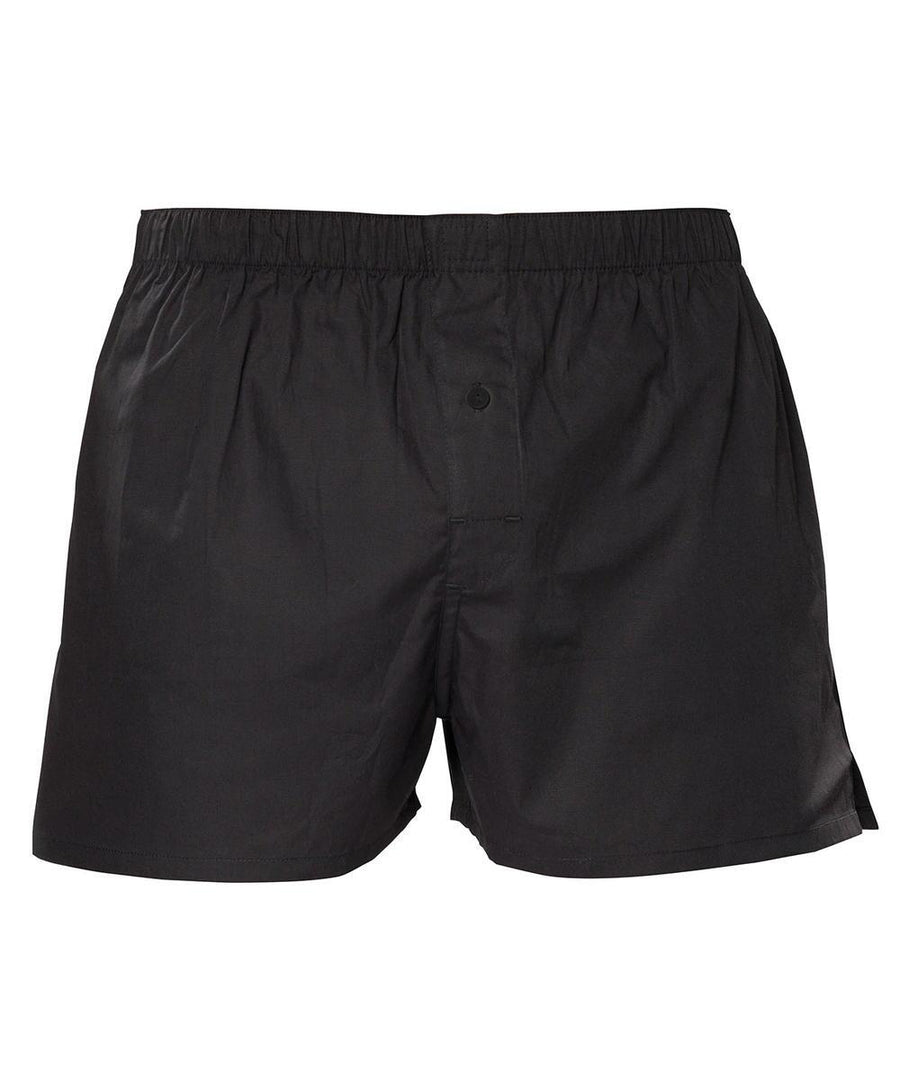 Asquith & Fox Men's classic boxers in plain black, featuring an elasticated waistband and single button fly, displayed against a white background.