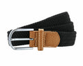 An Asquith & Fox AQ900 black woven belt featuring a silver buckle and brown leather accents.