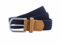 An Asquith & Fox AQ900 navy blue braided belt featuring a silver buckle and brown leather accents.