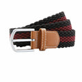 The AQ901 by Asquith & Fox is a woven belt adorned with black and burgundy stripes, complemented by a silver buckle and tan leather accents.