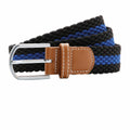 The AQ901 belt by Asquith & Fox is a woven design with black and blue stripes, complemented by a silver buckle and brown leather trim.