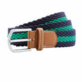 Introducing the Asquith & Fox AQ901: A woven belt adorned with blue and green stripes, a silver buckle, and accented with brown leather.
