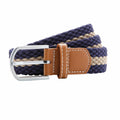 The AQ901 from Asquith & Fox is a braided belt featuring alternating navy blue and beige stripes. It includes a shiny silver buckle, complemented by a brown leather loop with white stitching.