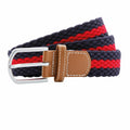 Introducing the Asquith & Fox AQ901: a braided belt with intricate dark blue and red woven strands, complemented by a silver metal buckle and tan leather accents.