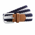 Introducing the Asquith & Fox AQ901: a stylish woven belt featuring alternating navy and white stripes, complemented by a silver buckle. This belt is enhanced with brown leather accents adorned with white stitching near the buckle.