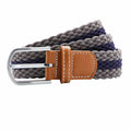 Introducing the Asquith & Fox AQ901, a woven belt showcasing alternating gray and dark blue stripes, complemented by a brown leather end and finished with a silver buckle.