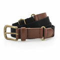 The Asquith & Fox AQ902 belt, featuring black canvas with brown leather accents and a brass buckle, is laid flat.