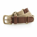 The AQ902 from Asquith & Fox is a beige and brown fabric belt featuring a brass buckle, arranged in a looped style. Brown leather accents adorn the buckle and loop holder, offering a simple and classic design.