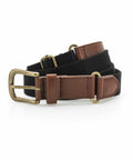 A stylish black belt with brown leather accents and a brass buckle, laid out flat with the belt strap looped under the buckle. The combination of materials and hardware gives the Asquith & Fox AQ902 a classic and versatile appearance suitable for various outfits.